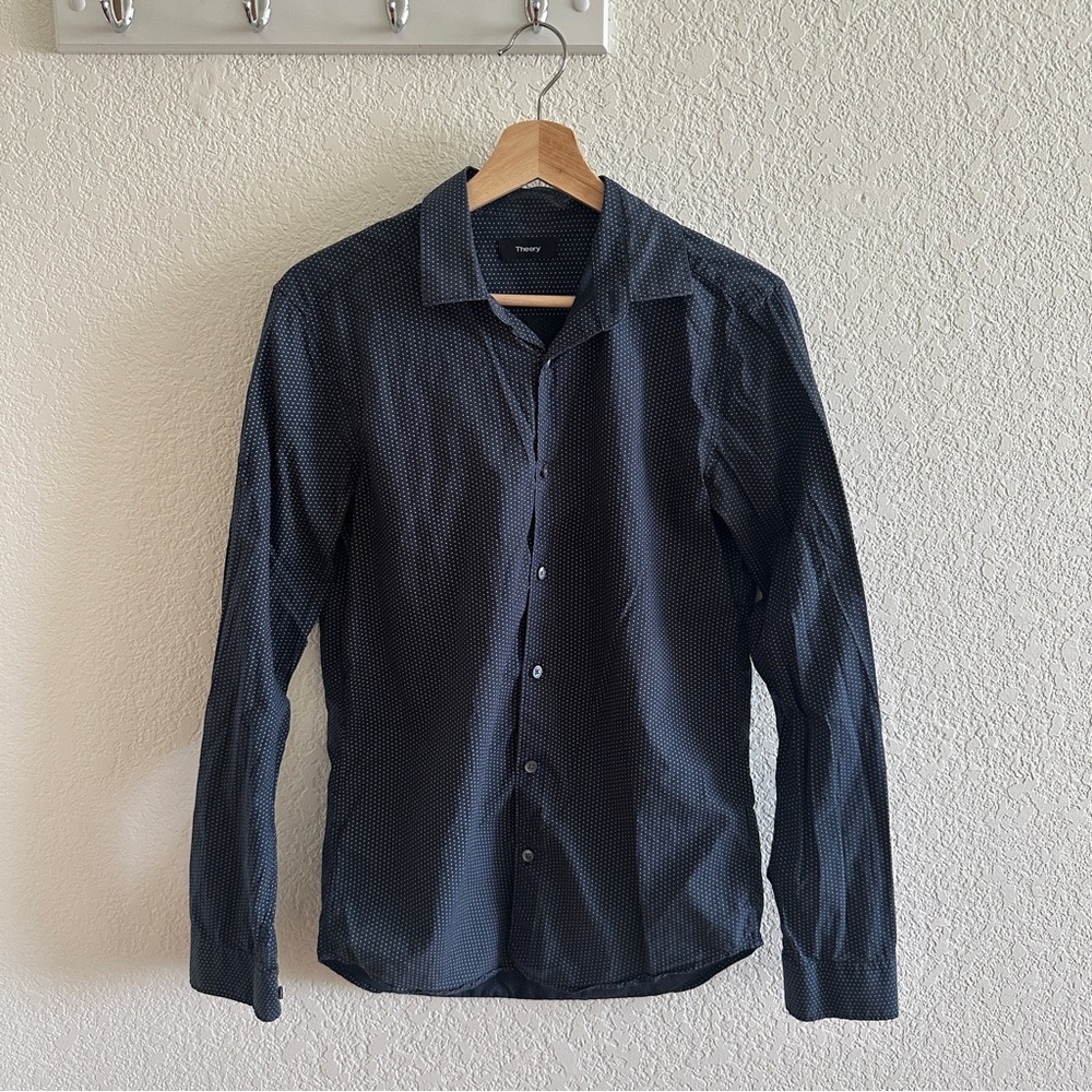 Theory Men’s Navy Blue Polka Dot White Patterned Casual Button Down Collared Top